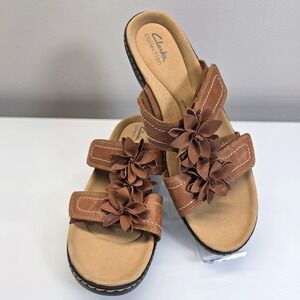 Clarks Merliah Raelyn Slide Slip On Sandal 12 Brown Leather Floral Wedge Cottage